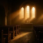 Sunlight streaming through arched windows onto empty pews in a historic stone church sanctuary