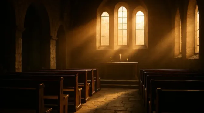 Sunlight streaming through arched windows onto empty pews in a historic stone church sanctuary