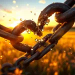 Freedom and strength: broken chains at sunrise