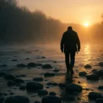 Wrestling until daybreak: a lone figure crossing a river ford as the first light breaks after a long night.