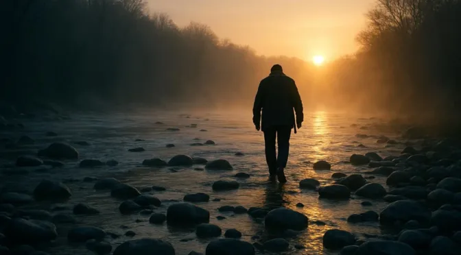Wrestling until daybreak: a lone figure crossing a river ford as the first light breaks after a long night.